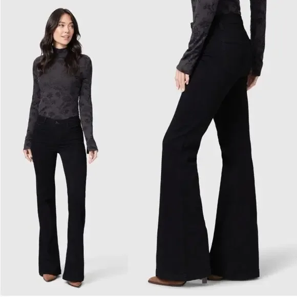 Paige Genevieve Black Flare Leg Denim Jeans Size 32 - Picture 1 of 7